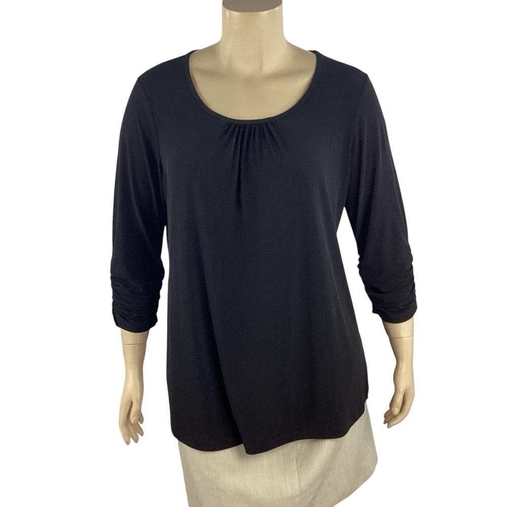 Susan Graver Black Liquid Knit Ruched Sleeve Tunic Top Size L